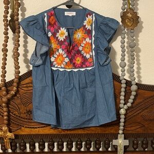 THML Denim Blue Floral Embroidered Blouse